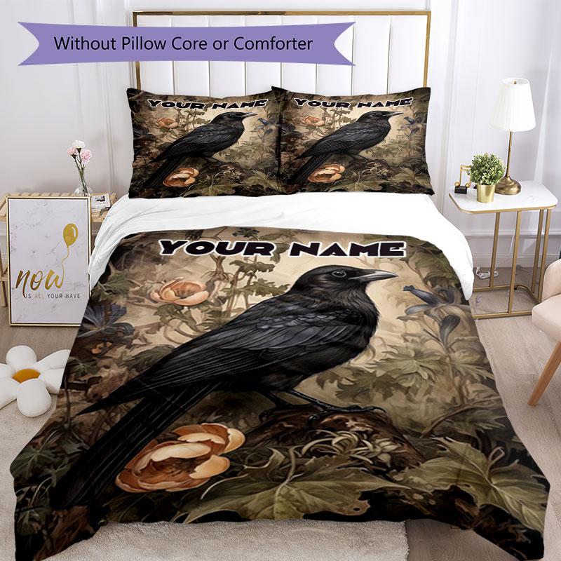 3pcs Custom Name Raven Garden Bedding Set Printed Bedding Set Duvet Cover Closure Includes 1 Duvet Cover & 2 Pillowcases Bedroom Decor