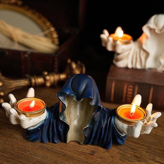 Halloween Grim Reaper Candle Holder Gothic Grim Reaper Statue Resin Candlestick Desktop Decoration for Halloween Home Decor