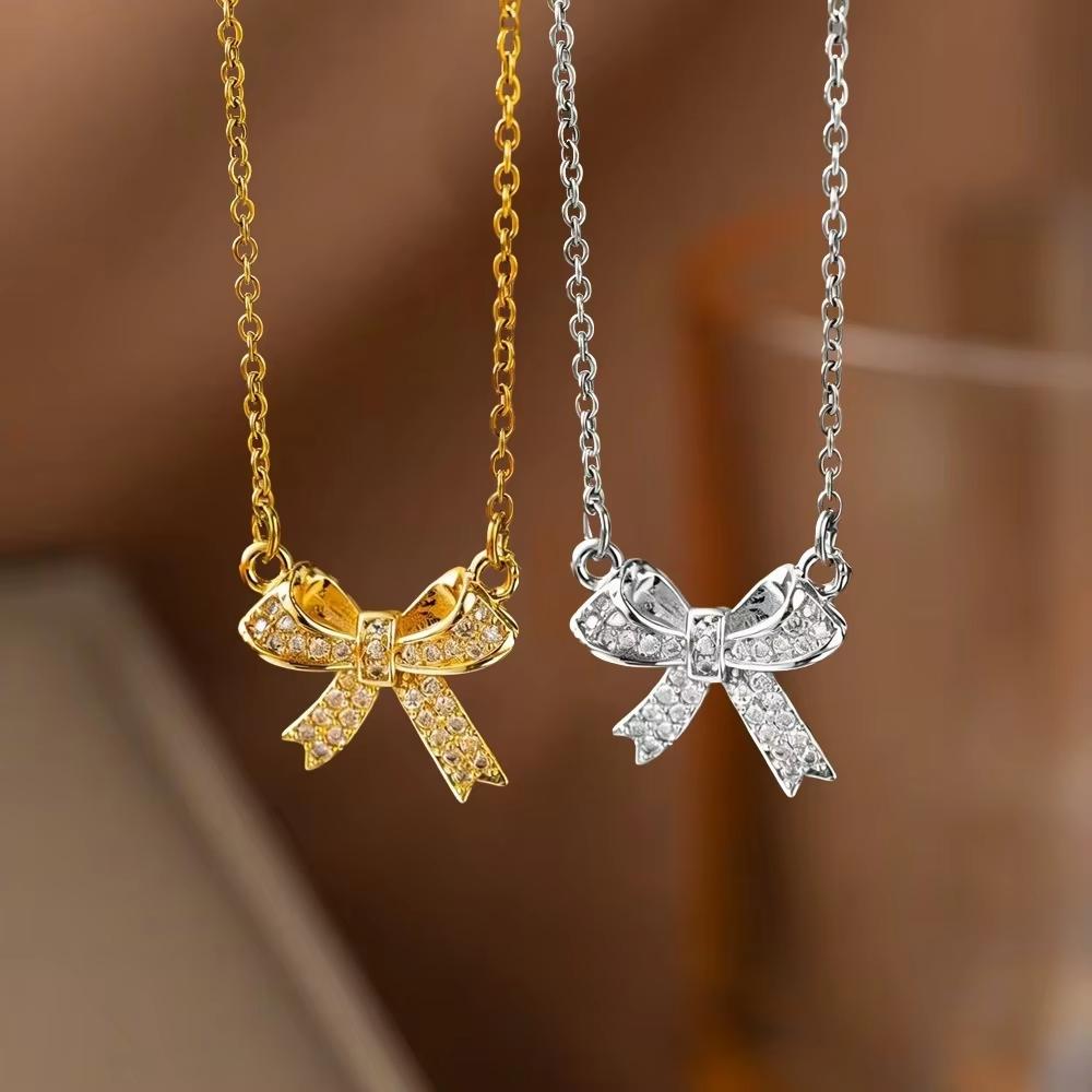 FTCY Exquisite Copper Inlaid Zirconia Bow Pendant Necklace For Women Fashion Simple Stainless Steel Clavicle Chain Jewelry Gift