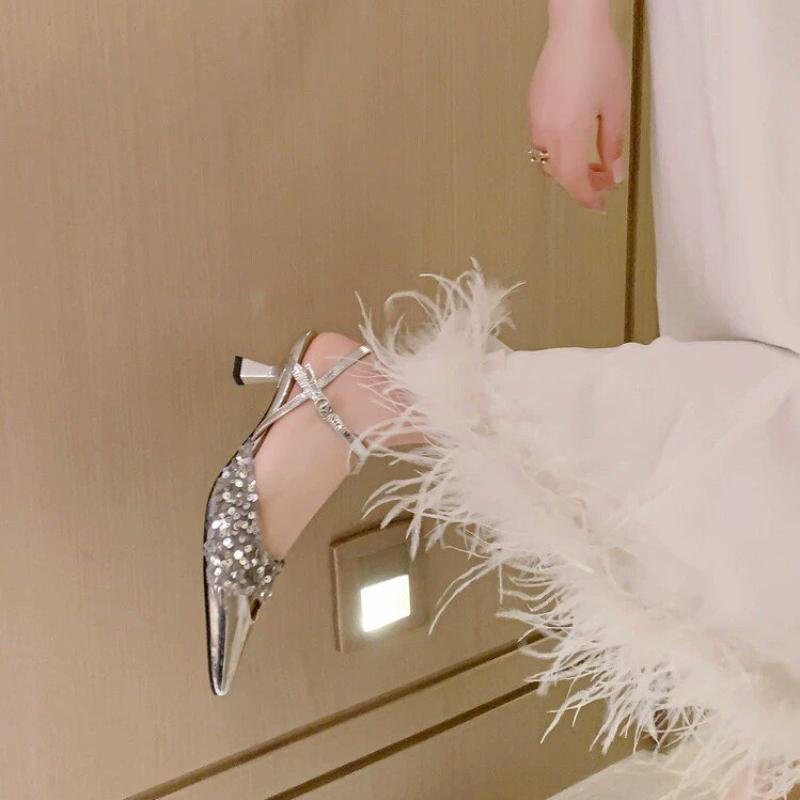 Женские роскошные сандалии на высоком каблуке с кристаллами. Женские летние тапочки. 2024. Дизайнерские сандалии с острым носком. Платье. Шлепанцы. Туфли-лодочки.