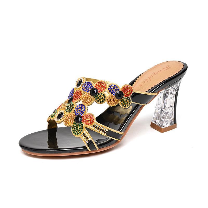 Модные удобные летние пляжные тапочки с открытым носком, женские босоножки на высоком каблуке со стразами и бриллиантами, модная нескользящая обувь для вечеринок