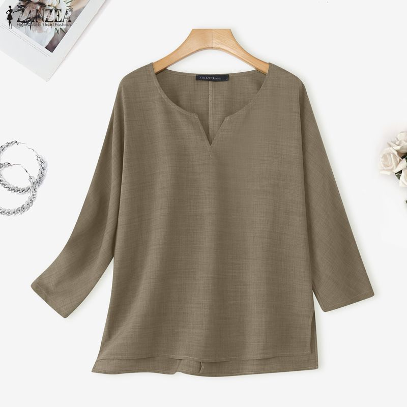 ZANZEA Женская повседневная однотонная блузка с v-образным вырезом и длинным рукавом