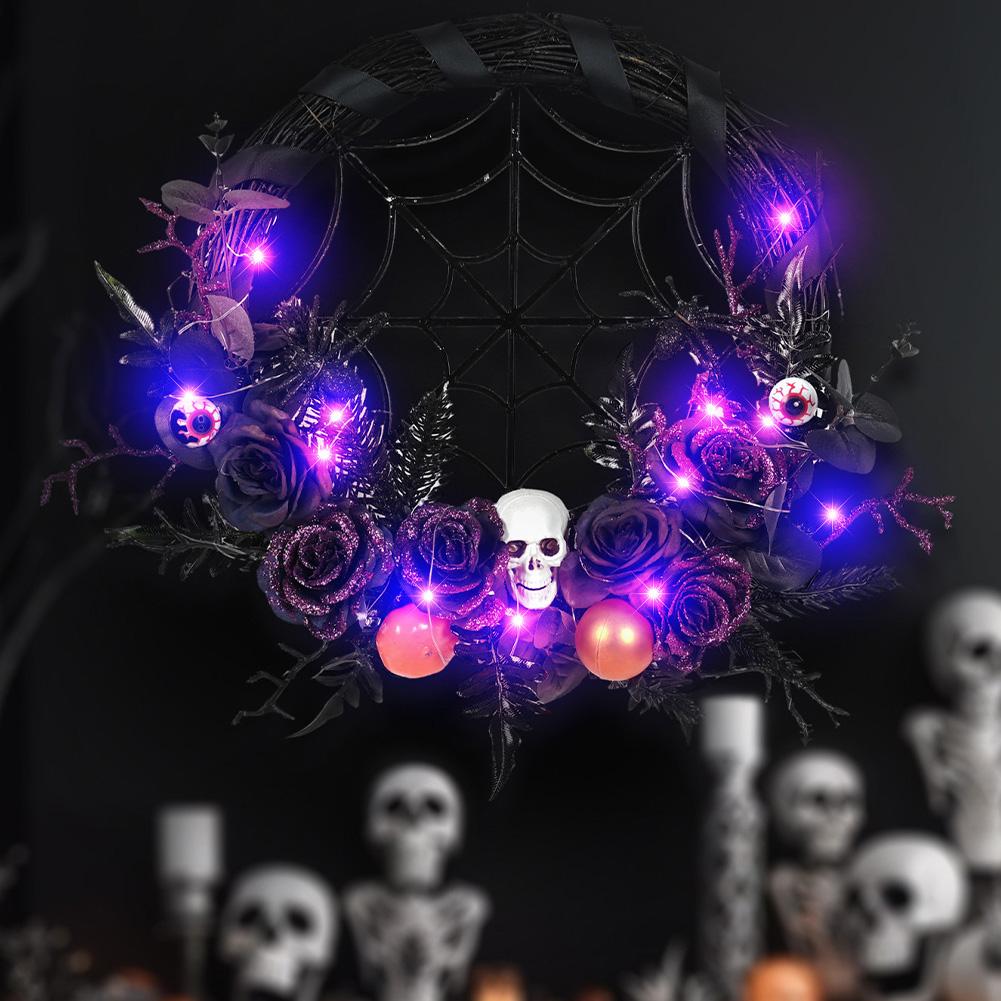 Halloween Wreath With Led Lights, Scary Halloween Rose Web Wreath Horror Skull Vine Wreath Decoration For Front Door Walls Fireplace Windows