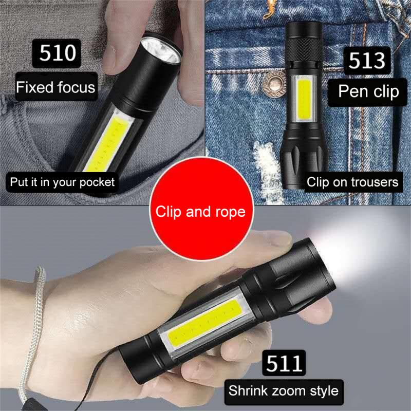 Portable LED Flashlight Zoom Focus Torch Lamp Rechargeable USB Lantern COB Built In Battery Q5 Waterproof Camping Lights
