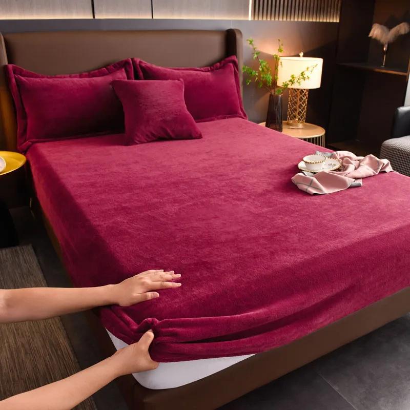 Простыня из молочного бархата, мягкая, теплая, наматрасник, эластичная, пушистая, осенне-зимняя, пара, роскошная, двуспальная кровать, постельное белье для дома