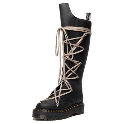 Рик Оуэнс X Доктор. Dr. Martens 1B60 Пятишнуровка Кожаные Круглый Носок Толстая Подошва Высокие Ботинки для Поездок на Работу 5см Женские Ботинки Черные 41820001