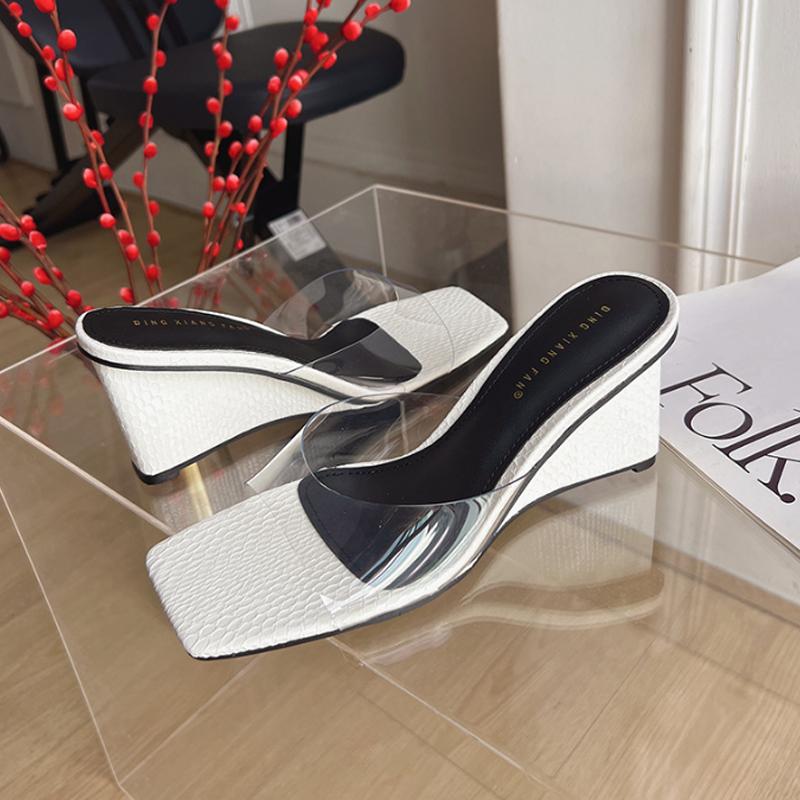 Women Transparent PVC Slippers Wedges Heels Square Toe Low Heel Clear Sandals NightClub Casual Slip On Mule