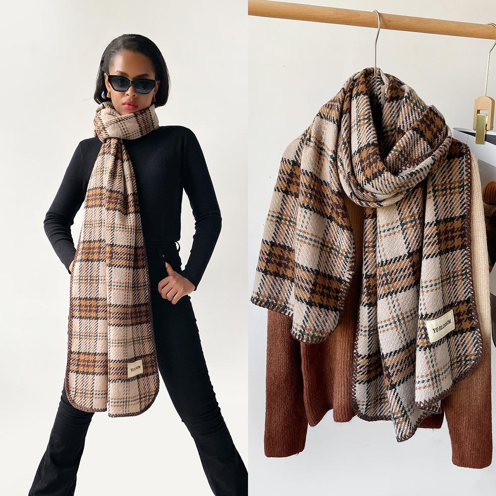Imitation Cashmere Plaid Shawl Women's Winter High-end Atmosphere Black Scarf Triangular Hemming Head Shawl