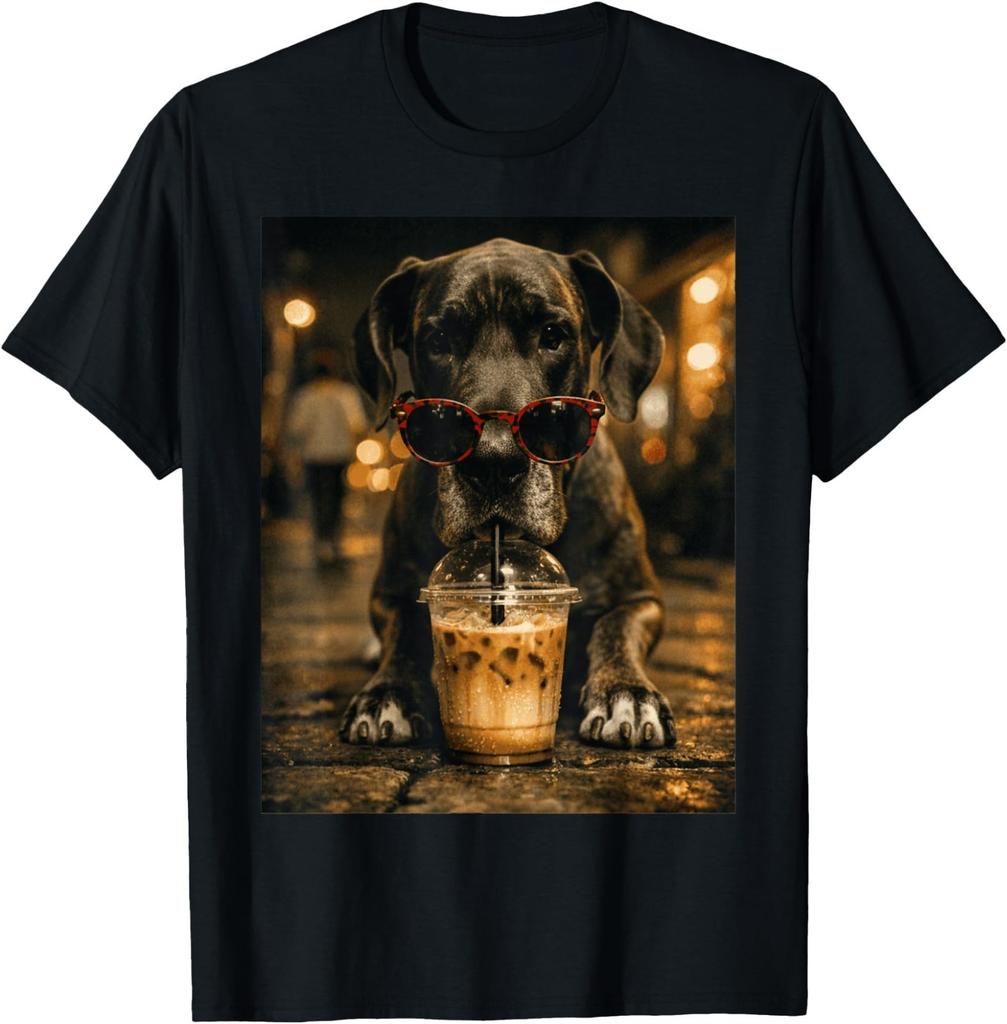 Great Dane Drinking Ice Coffee Funny Animal T-Shirt