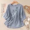 Spring and Summer Solid Color New Literary and Retro Embroidered Cotton and Linen Women's Loose Round Neck T-shirt Top