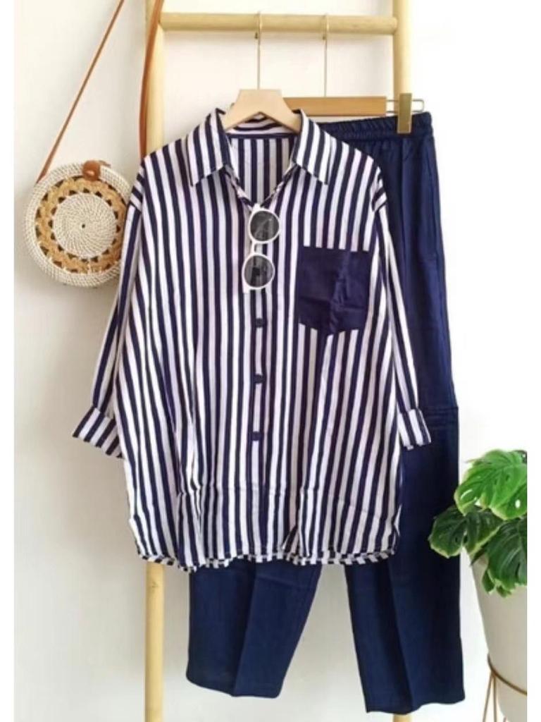 Plus Size Striped Long Sleeve Casual Two-Piece Set
