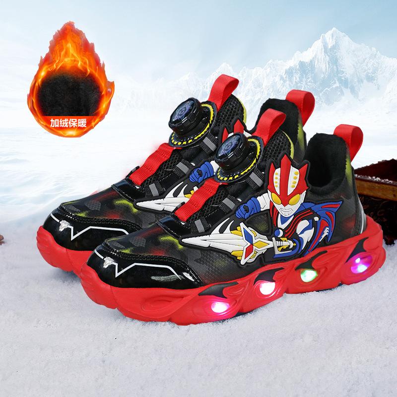 Обувь осень и зима светящиеся кроссовки нескользящие спортивная обувь для мальчиков кожаный Ультрамен 2025 детская новая тенденция