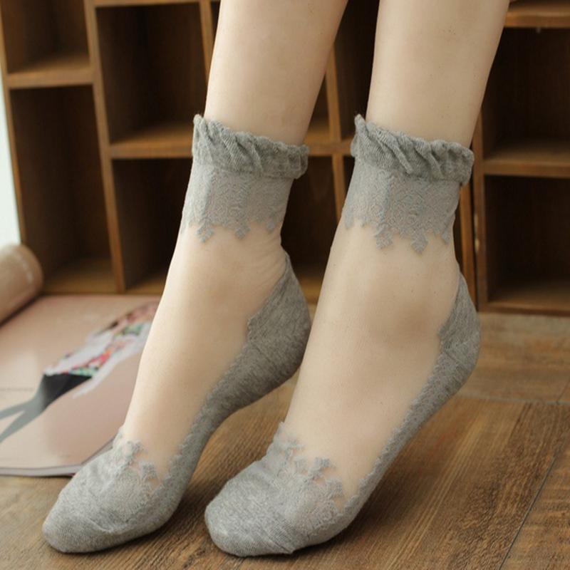 Модные женские ультратонкие прозрачные кружевные носки для девочек, короткие чулки, красивые кристальные шелковые носки