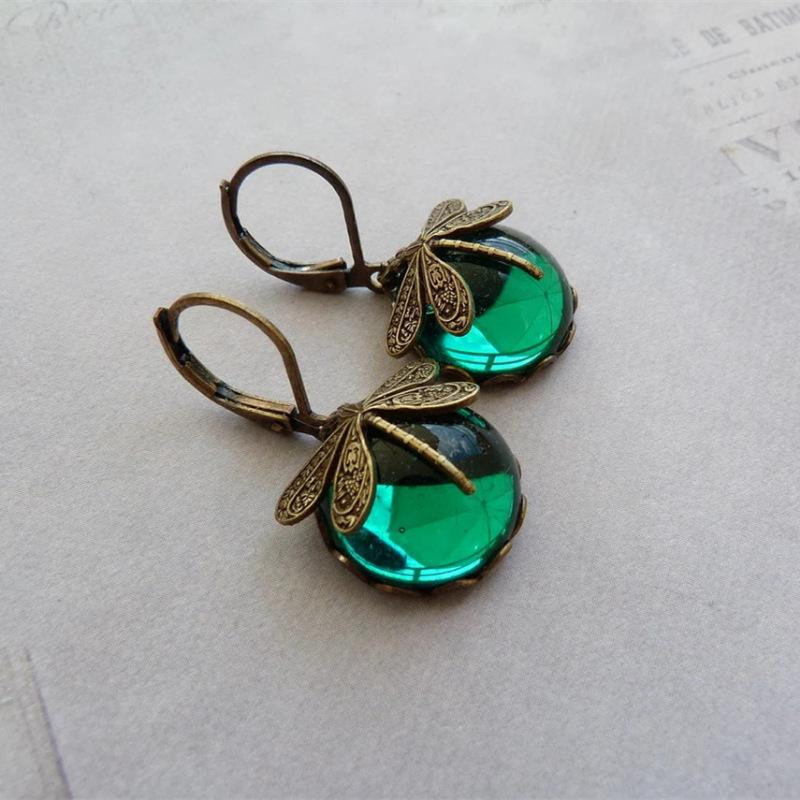 Vintage Antiqued Dragonfly Pattern Moonstone Earrings For Women Elegant Dangle Ear Jewelry
