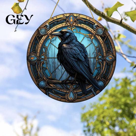 Blue Gold Suncatcher Crow Stained Glass Suncatcher, Gothic Raven Acrylic Window Hanging Atmospheric Home Accent Decor with Chain for Home, Garden,