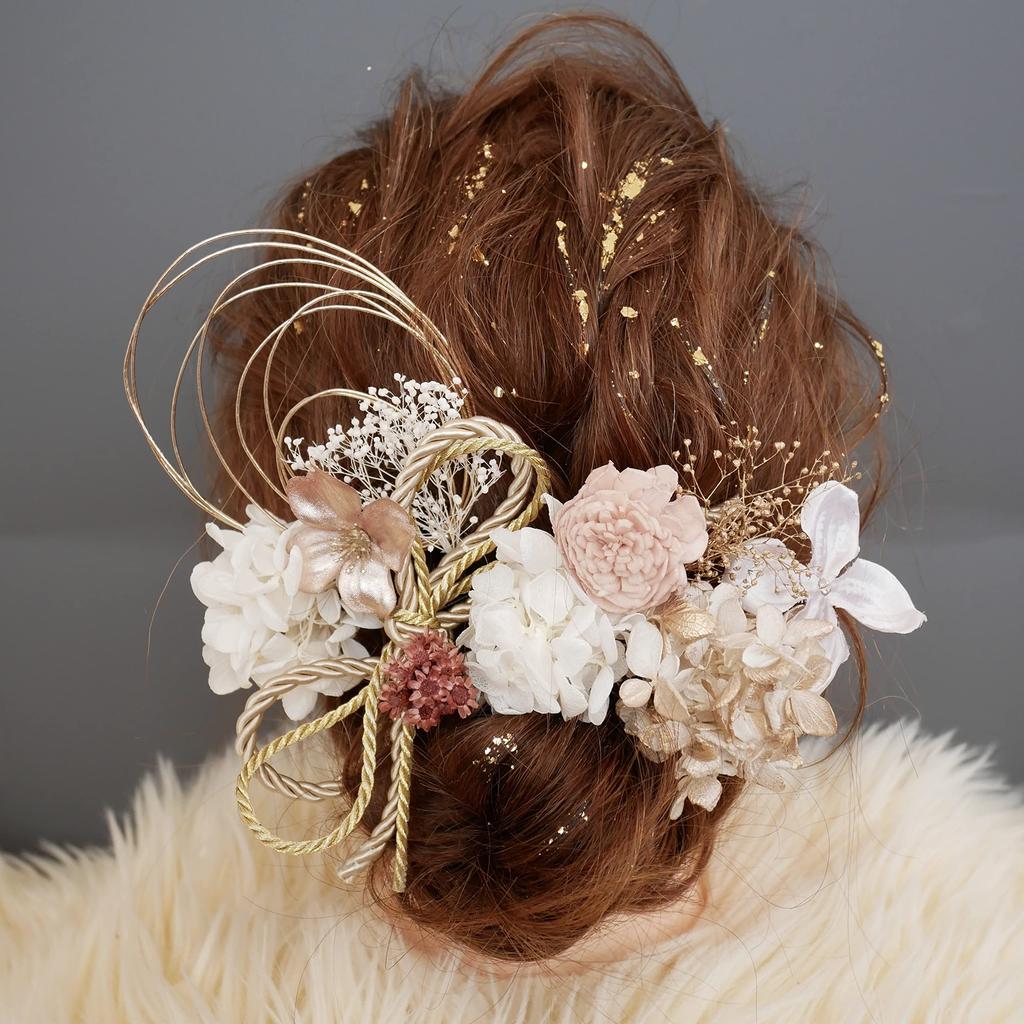 Ornament Specialty Shop Hair Ornament for Dried Flowers with Gold Leaf and Rope Ribbon [Hair Bria] Coming-of-Age Ceremonies, Graduations, Weddings,