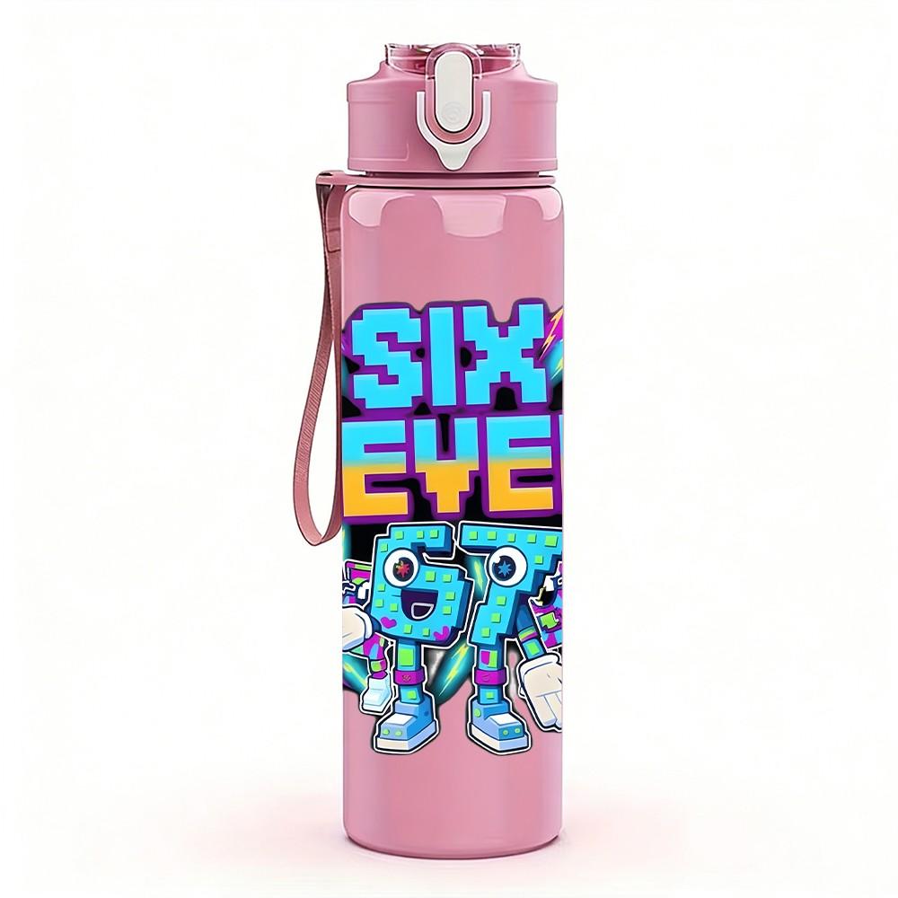 1PC Sixty Seven Retro Number Pop Badge Print 750ml Color Plastic Sports Water Bottle Leakproof Flip Straw Lid Suitable for Sports Office Home Use