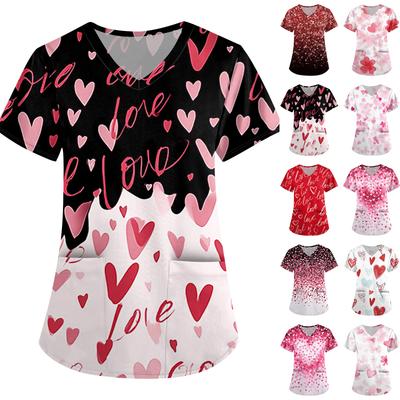 Большой размер Принтованный скраб Рабочая униформа Топы для женских V-образный вырез с запахом Принт Короткий рукав Веселые футболки Рабочая одежда Футболка с карманами