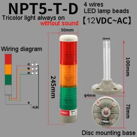 1 шт. NPT5-T-D Без звука 3-слойная трехцветная лампа Станок Светодиодный сигнальный свет Семафор Индикаторная лампа Красный Желтый Зеленый