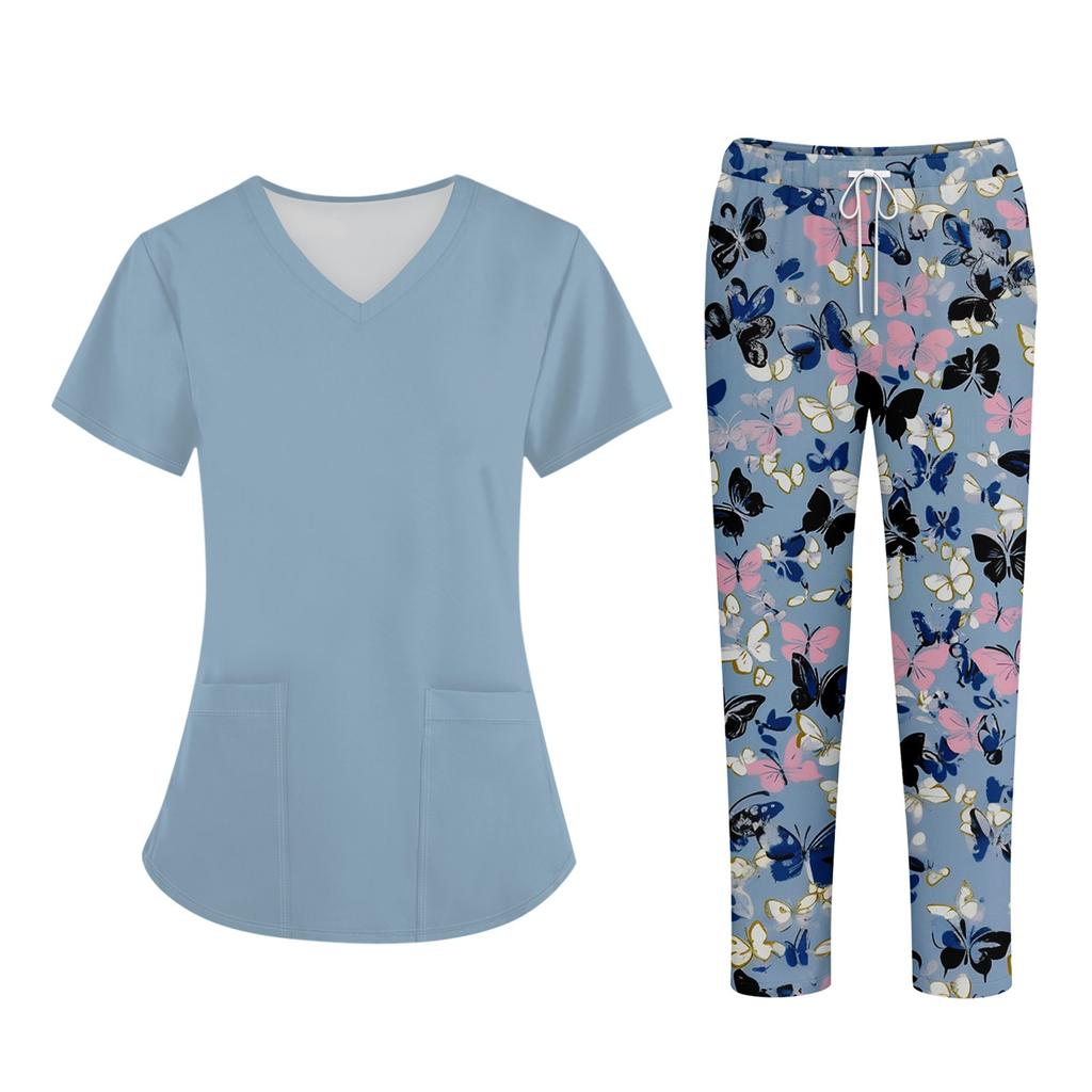 Плюс размерСкраб с принтом Рабочая форма Топы для женщин Крест V-образным вырезом Хэллоуин Принт с короткими рукавами Забавные футболки Спецодежда Футболка с карманами