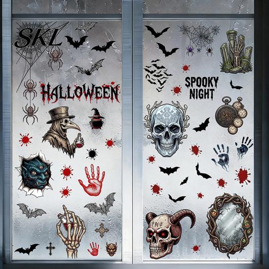 And Skull Cling Halloween Electrostatic Glass Stickers, Demon Blood Handprints Bats Scary Window Outline Decal Clings, Spooky Stickers for Doors