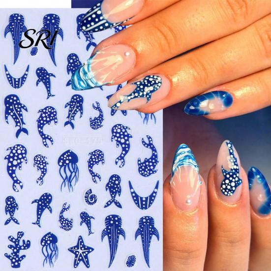 Ocean Animal Nail Art Theme Stickers Summer Blue Whale Jellyfish Coral Decal Starfish Manicure Decoration Decals DIY Home Salon Accessories Durable