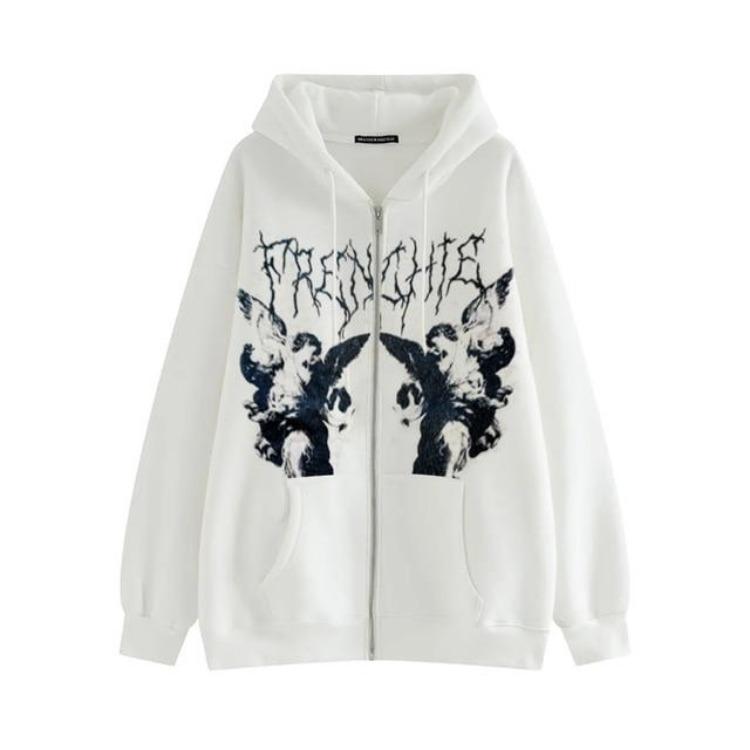 Y2K Harajuku Goth Angel Dark Print Hip Hop Streetwear Hooded Zip Jacket Coat Women Men Unisex Hoodies Top Clothes