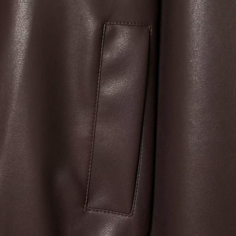 Womens Loose Lantern Sleeve Faux Leather Jacket Turn-down Collar Zip-up Casual Short Streetwear