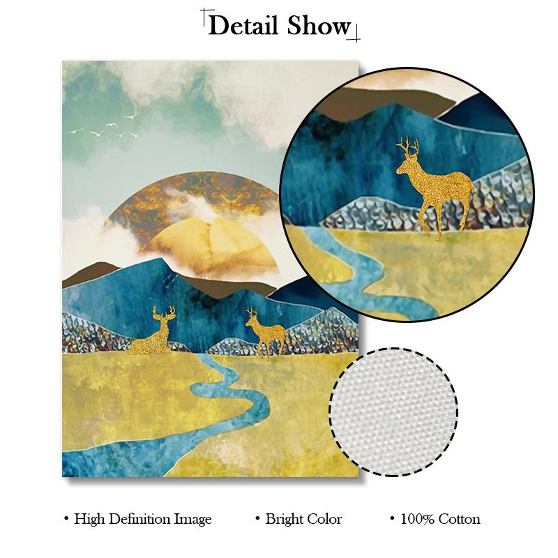 Nordic Style Sunrise Sunset Wall Art Pictures Deer Canvas Painting Mountain Landscape Poster and Print for Interior Home Decor