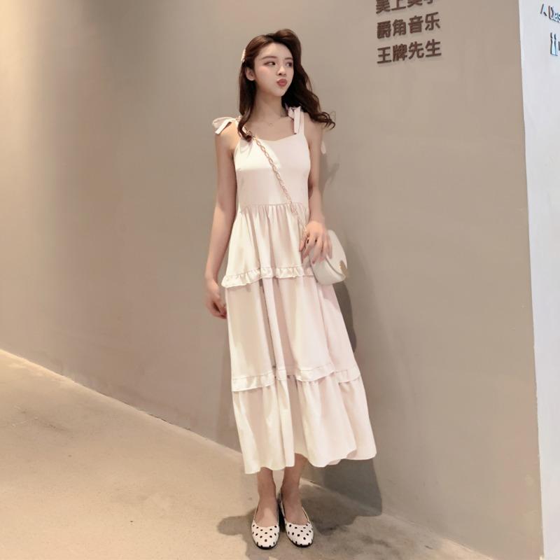 Летнее новое однотонное платье с бантом и сексуальными бретельками, женское ретро-платье с высокой талией, повседневное свободное длинное платье, женское модное облегающее элегантное платье с оборками 26371