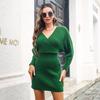 Женские осенние и зимние шикарные платья с v-образным вырезом и кукольными рукавами, однотонные трикотажные платья с высокой талией SL