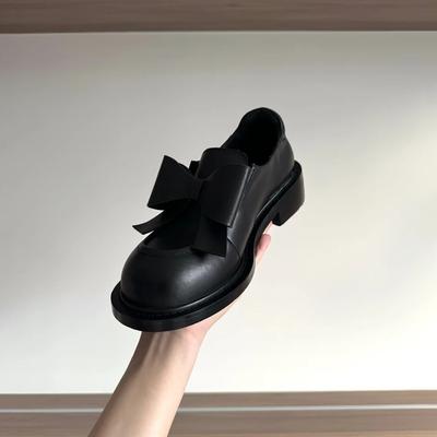 Версия из коровьей кожи~ Тупой носок бант толстый каблук ретро туфли-лодочки из маленькой кожи черные одинарные туфли женские