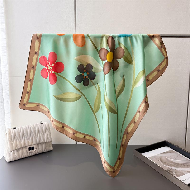 Flower And Colorful Printing Simulation Silk Scarf Square Scarf High-End Shawl Versatile Neck Small Square Scarf Headscarf Scarf Women