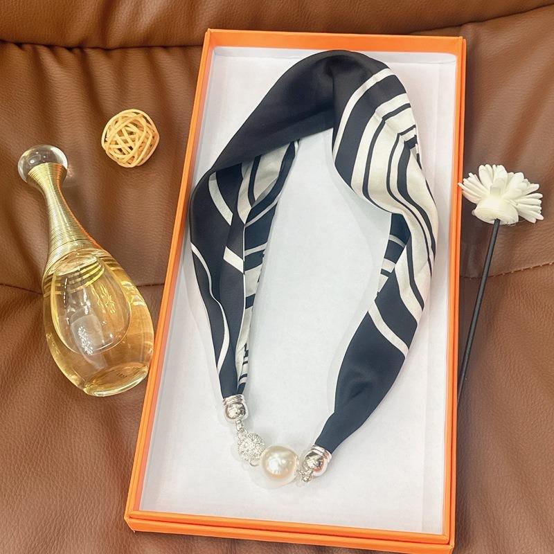 Silk Scarf Women's Spring, Autumn and Summer New Fashion Neck Protection Decoration Long Necklace Type Magnetic Buckle Scarf Small Scarf