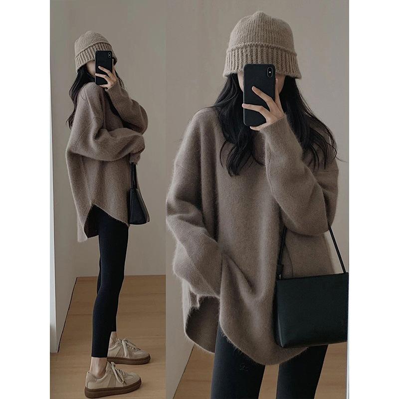 Korean Gentle Women Sweater Autumn and Winter Loose Solid Color Round Neck Mid Long Knit Sweater