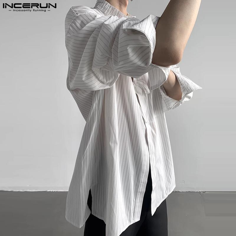 INCERUN Осенние мужские рубашки в полоску с длинным рукавом и воротником-стойкой, топы с повязками Bagge
