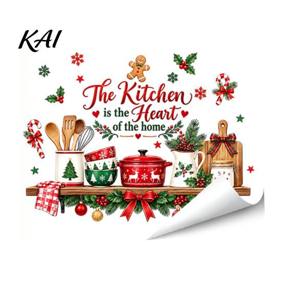Christmas Party Scene Decoration Kitchen Wall Sticker, Self Adhesive PVC Decal, Festive Utensils Easy Apply Holiday Art Seasonal Holly Gingerbread Man