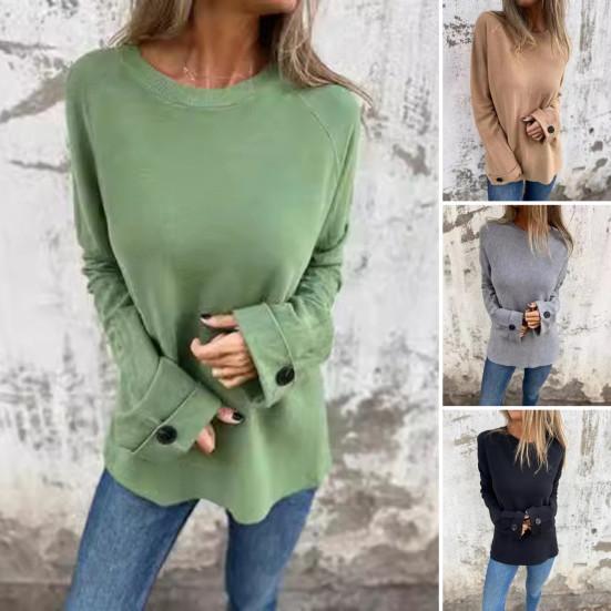 Женская футболка с круглым вырезом и длинным рукавом, реглан, на пуговицах, на манжетах, однотонная, свободная, повседневная, с пуловером, топы, повседневная одежда