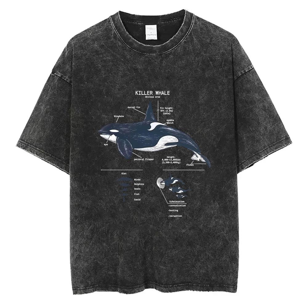 Marine Animals Humpback Whale Anatomy Vintage Washed Tshirt Men Women Fashion Casual Oversized T Shirts Male Soft Cotton Tshirt