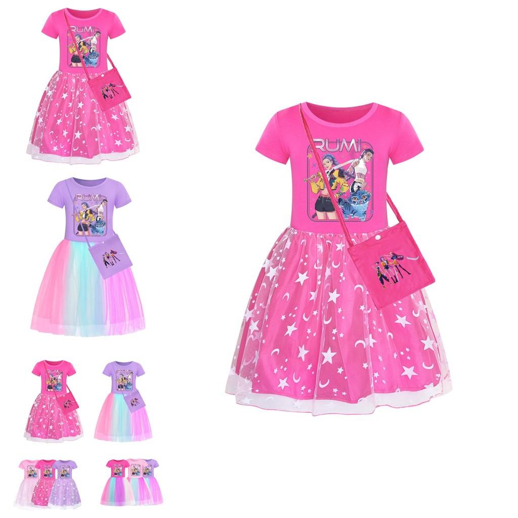 Kpop Demon Hunters Pattern Girl Dress With Cotton Fabric And Pleated Skirt For Kids Girls