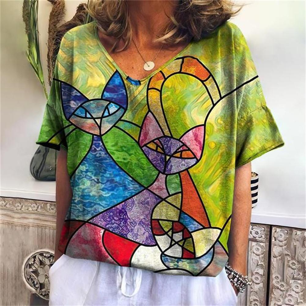 Летние женские футболки с рисунком кота, модная футболка с 3d принтом, Harajuku, повседневная женская одежда с короткими рукавами и v-образным вырезом, оверсайз