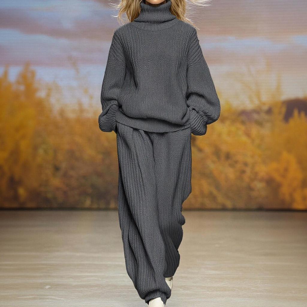 Женский модный повседневный вязаный комплект свободного кроя с высоким воротом и широкими брюками