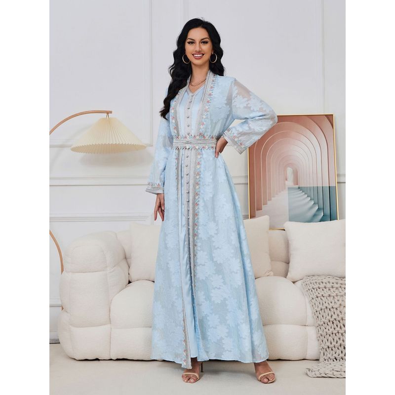 Magic Queen Middle East V Neck Cardigan Base Skirt Two-piece Set Elegant Elegance Hot Drilling Embroidered Dress Dress