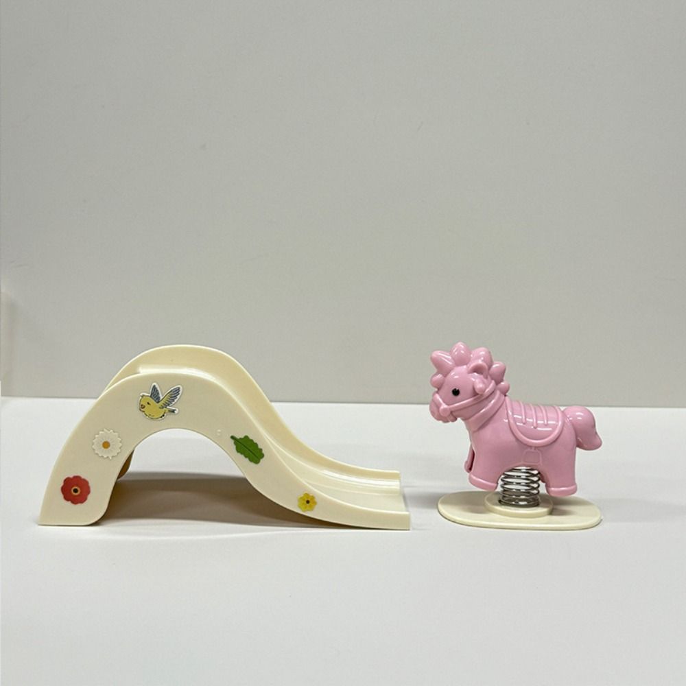 Wooden Horse Doll House Amusement Park Pretend Play Miniature Slide Swing Model Decoration