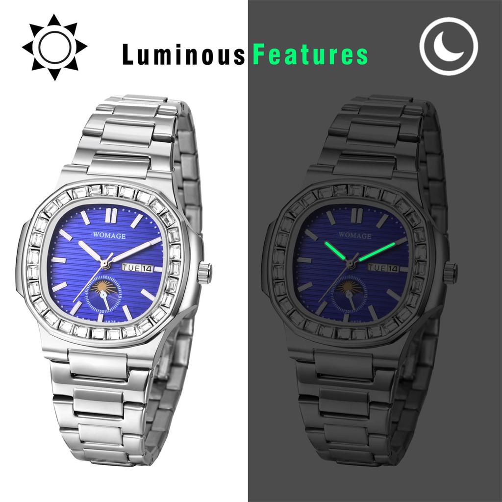 Часы из нержавеющей стали с бриллиантами, люминесцентные аналоговые кварцевые часы золотого цвета, идеальный подарок на день рождения, серебристые мужские часы с календарем, водонепроницаемые, -