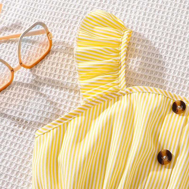 Летний полосатый комплект из майки и шорт в японском стиле для девочек (Большой ребенок) – Коллекция 2025