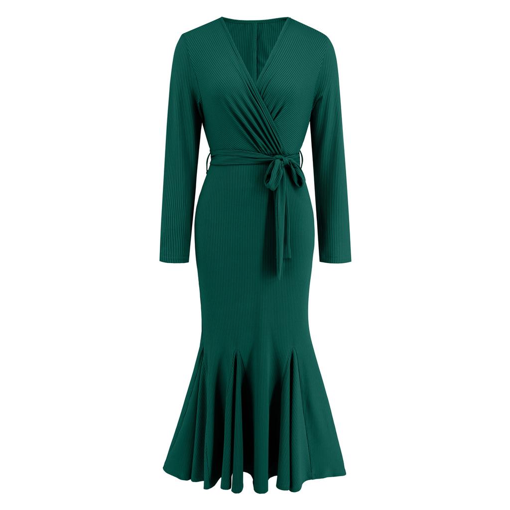Women's Spring and Autumn V-neck Long-sleeved Slim Temperament Fishtail Dress Knitted Long Dress