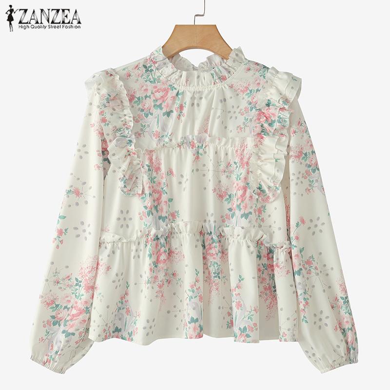 ZANZEA Женская повседневная блузка с воротником-стойкой и длинным рукавом с цветочным принтом