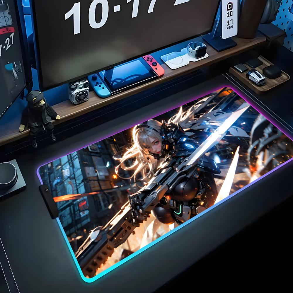 Аниме Девушка Меха Коврик для Мыши RGB Игровой Коврик для Мыши Большой LED Коврик Настольный Коврик для ПК Светящийся Коврик для Мыши Большие Коврики для Клавиатуры Настольный Ковер С