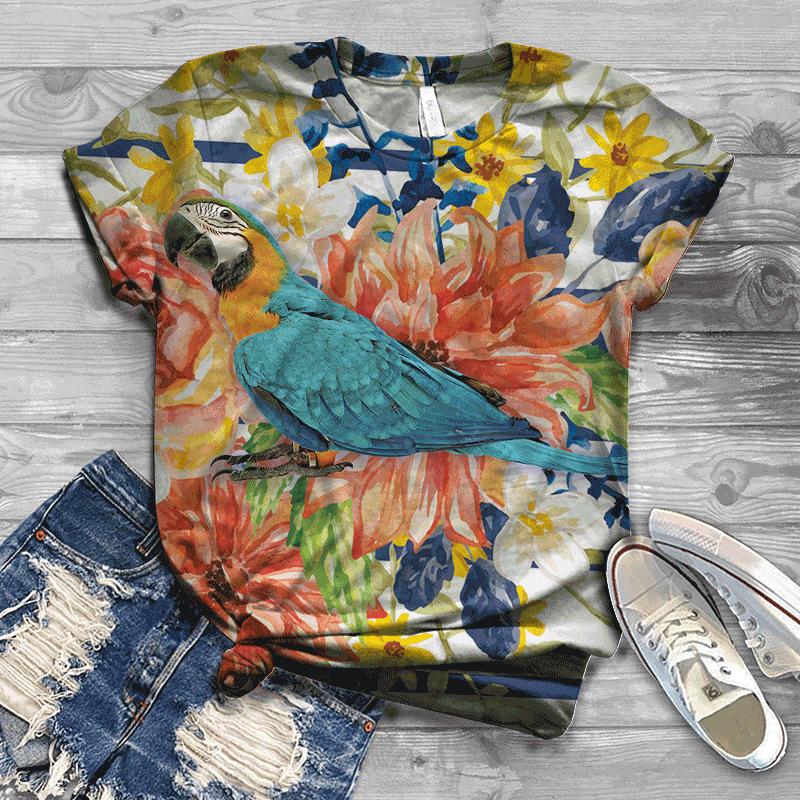 Summer Bird Pattern 3D Digital Print Women's Plus Size Fashionable Short Sleeved T-shirt